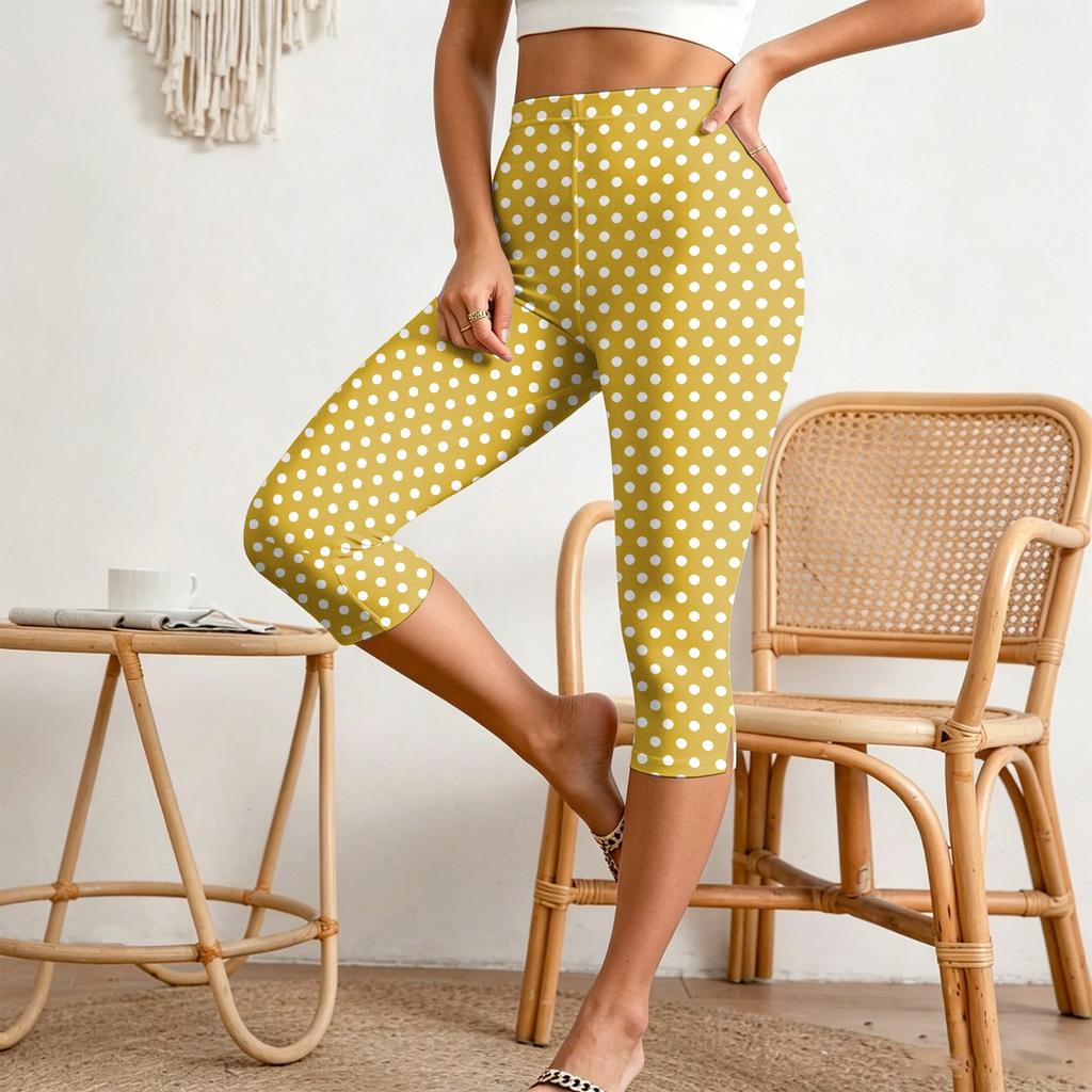 Women’s Elastic Waist Slim Fit Split Hem Capri Pants Casual Polka Dot Print Relaxed Style Lightweight Fabric