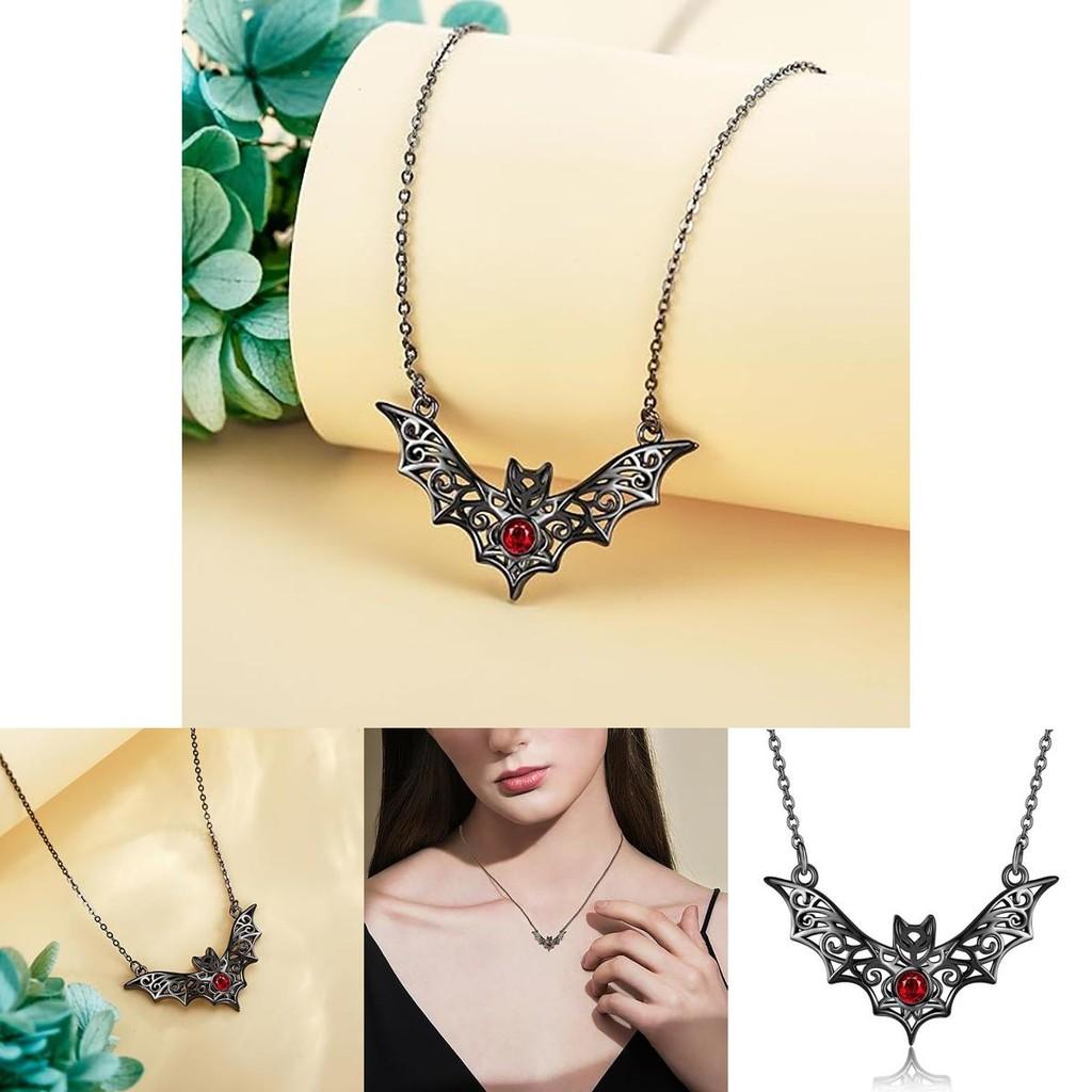 Gothic Bat Pendant Necklace With Faux Ruby Cutouts And Alloy Material For Halloween Costume Accessories