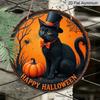 2D Flat, 1pc Round Aluminum Hanging Sign, Happy Halloween Black Cat And Pumpkin Decor - Round Metal Wall Hanging Sign - Ghost Party Decoration with