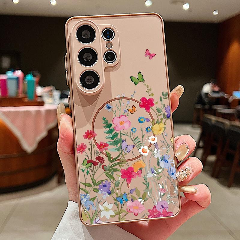 INS Sunflower Print Magnetic Case For Samsung S26 Ultra S25 Edge S24 FE S23 S22 Plus A54 A15 A35 A55 A16 A36 A56 A17 A37 A57 5G Matte Cover