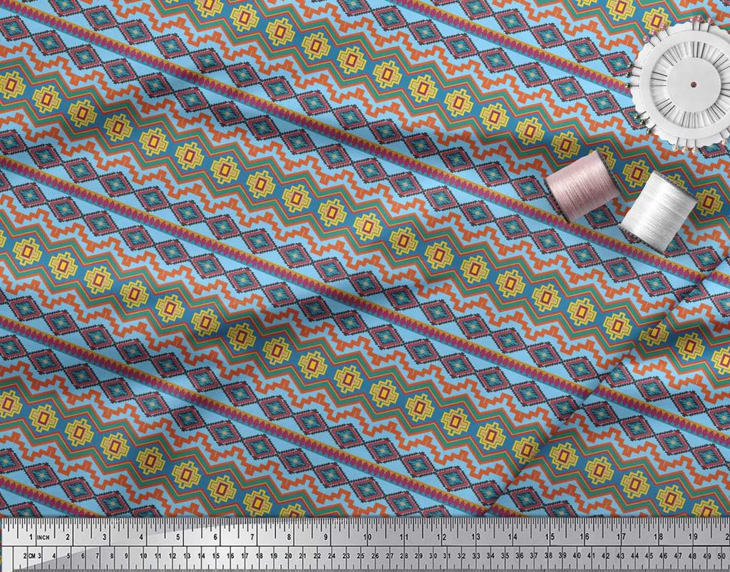 Soimoi Material Satin Crep Albastru Japonia Material cu Imprimeu Geometric Aztec la metru 42 Inch