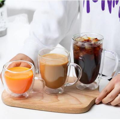Pahar de sticlă cu perete dublu cu mâner, căni de sticlă izolată rezistente la căldură pentru cafea, ceai, lapte 12oz, cană transparentă pentru băuturi pentru uz casnic și de birou