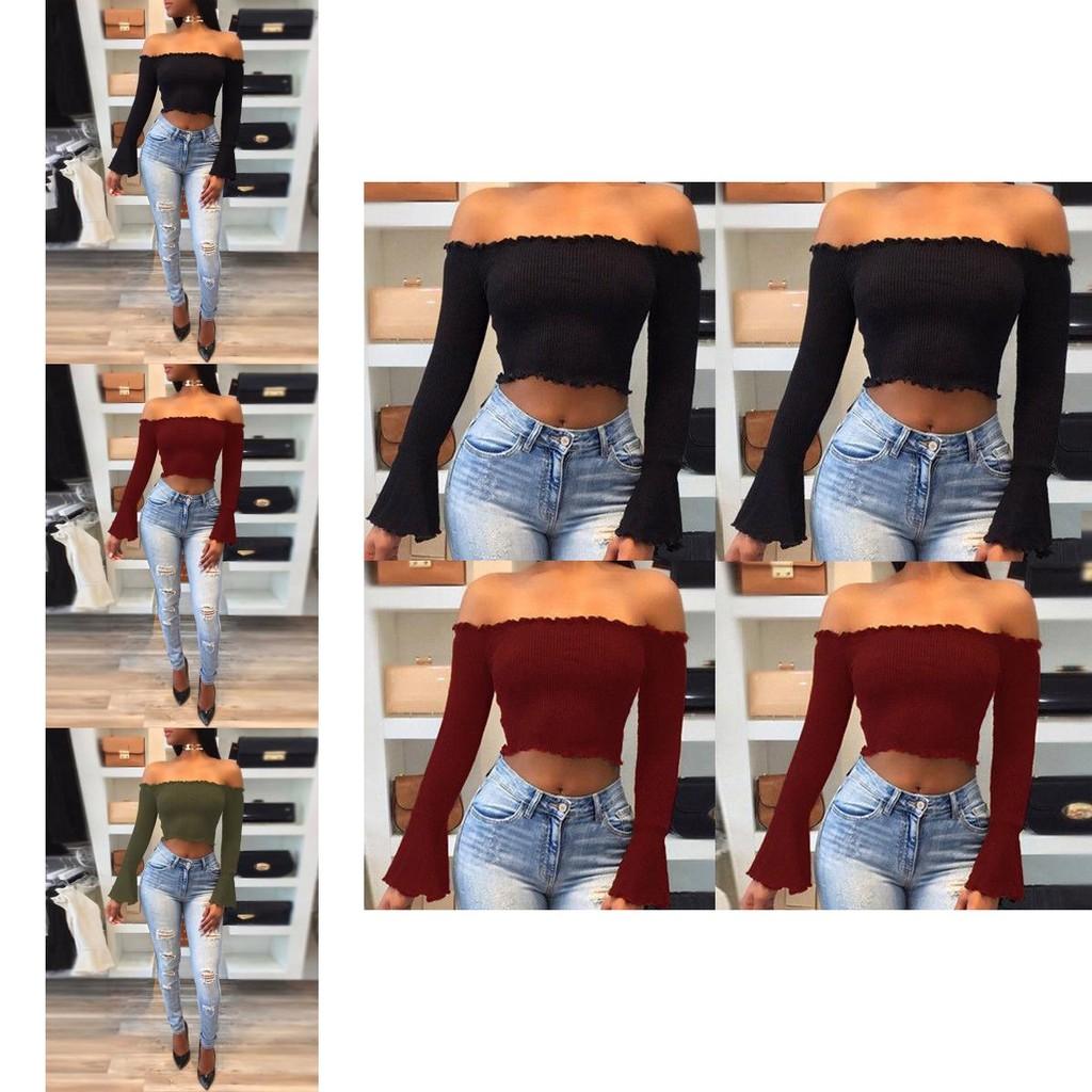 Women Summer Casual Off Shoulder Tank Top Stylish Long Sleeve Crop Top Shirt