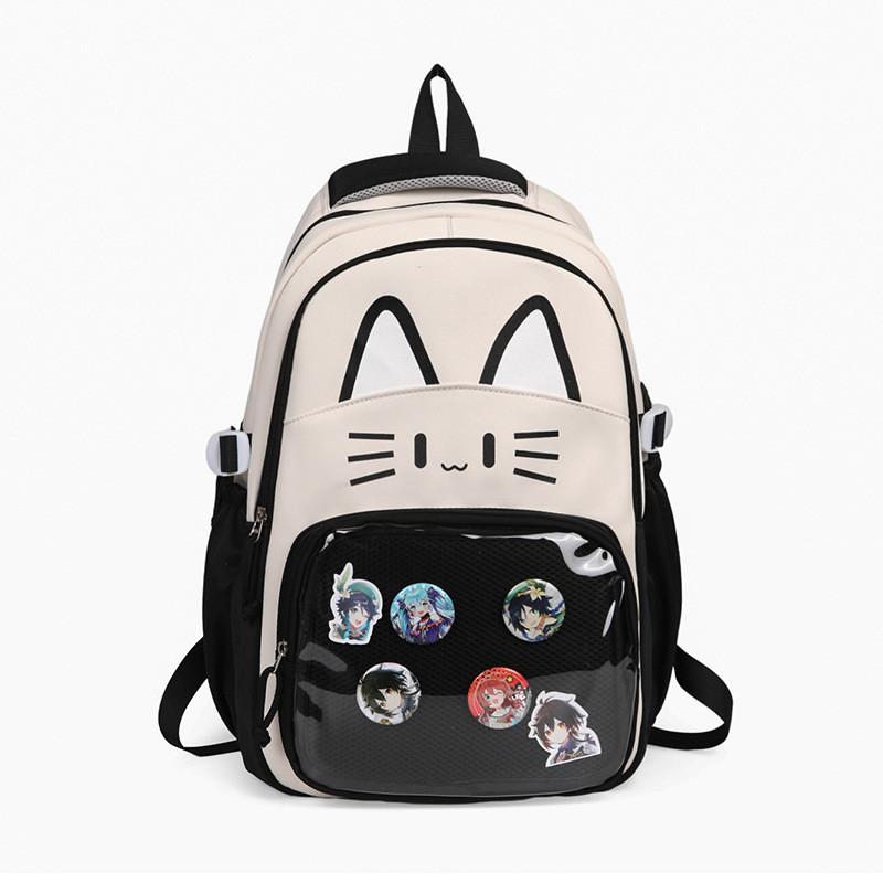 Cat Pattern Student Backpack With Transparent Compartment And Badge For Daily Use