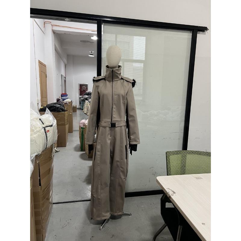 Thicken One-piece Ski Suit Women Faux Fur Hooded Tassels Coat High Waist Belt Jumpsuit Winter Windproof Waterproof