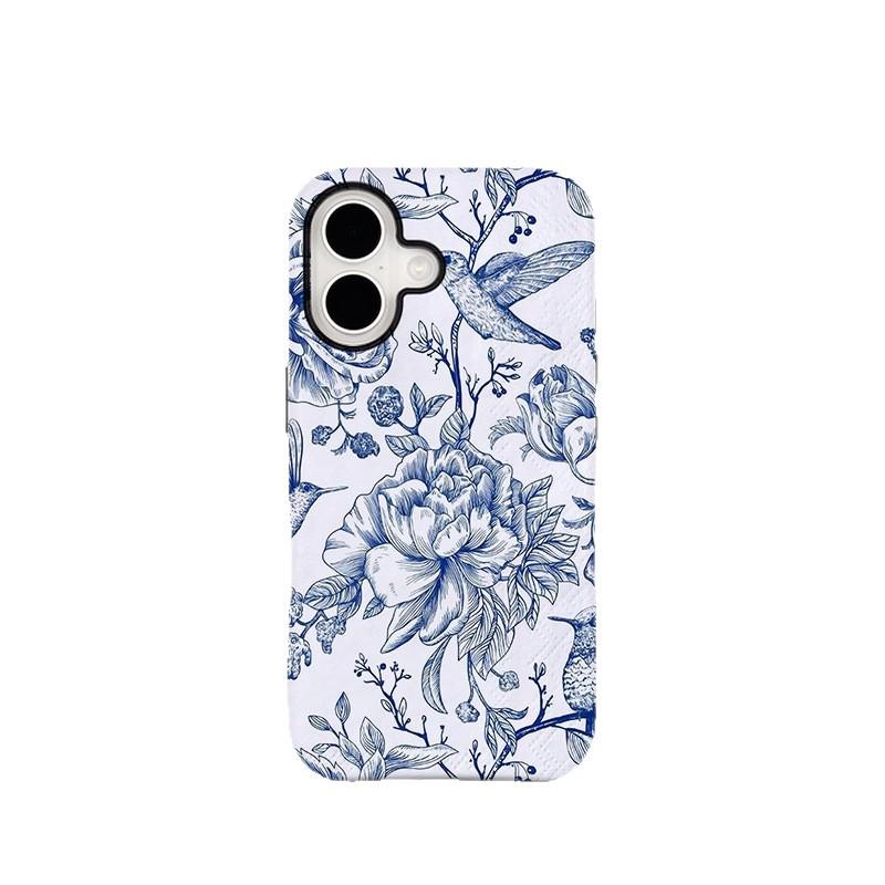 

Apple 17 Case: Blue Floral Design with Magnetic Film, Anti-Drop Protection iPhone 13 Pro Max