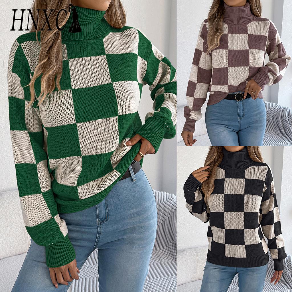 HNXC Autumn and Winter Casual High-neck Contrasting Color Checkered Lantern Long-sleeved Sweater Women's Wear