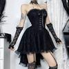 Gothic Goth Dark Lace Patchwork Bandage Strapless Corset Dress Party Gown Fairy Backless Tailed Women