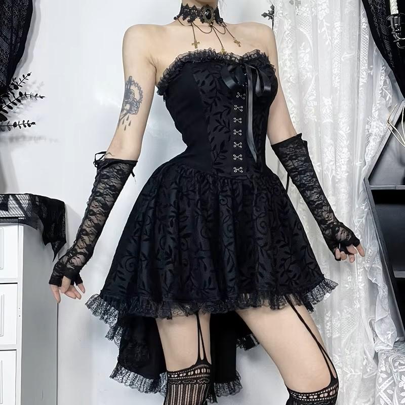 Gothic Goth Dark Lace Patchwork Bandage Strapless Corset Dress Party Gown Fairy Backless Tailed Women