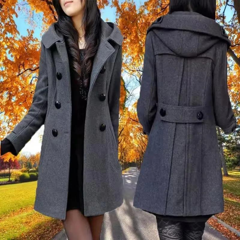 Fashion Winter Warm Mid-length Woolen Coat Women's Fall Winter Long Sleeve Jacket Hood Double-breasted Outerwear