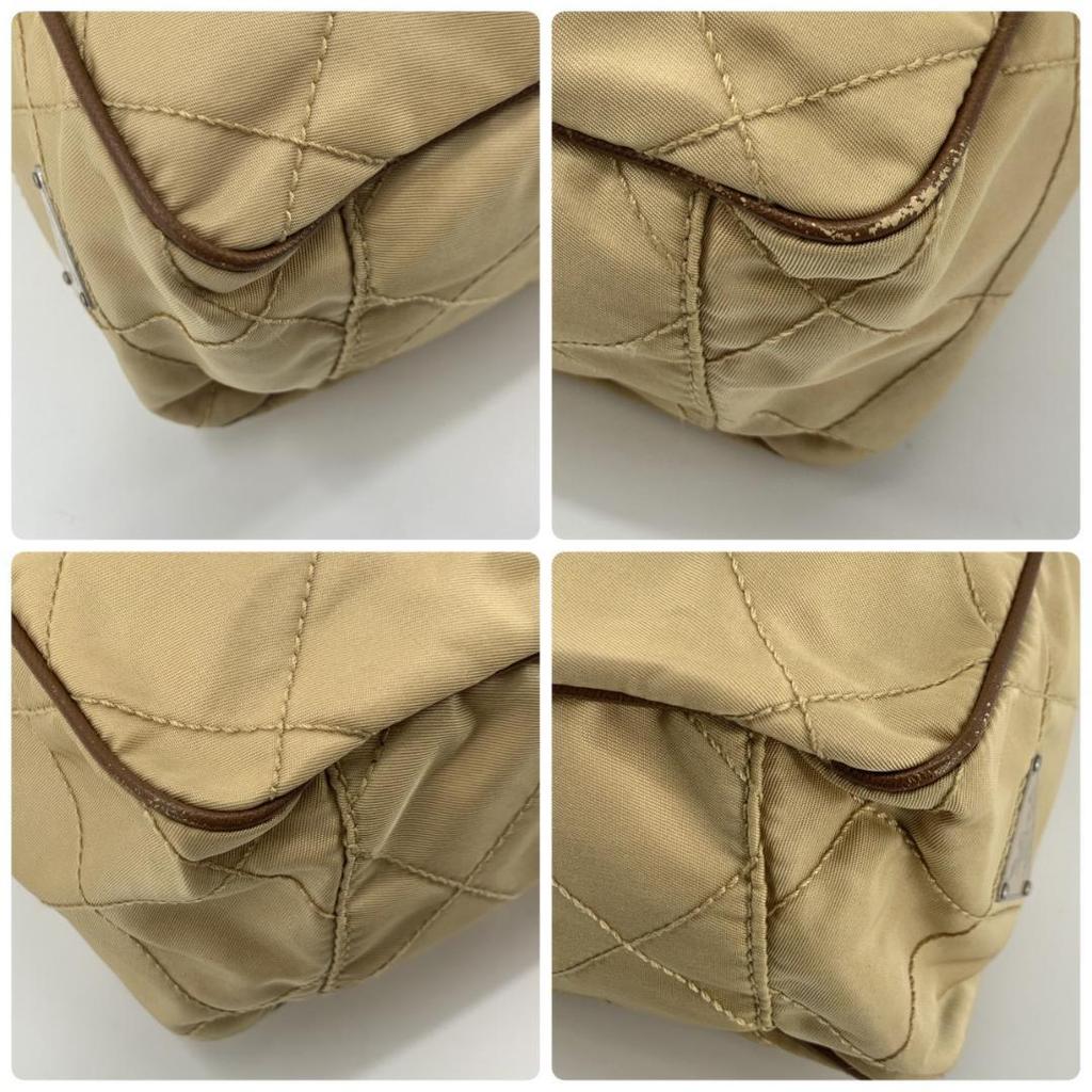 Prada Quilted Tessuto Nylon Tote Boston Bag Handbag One Shoulder Brown Beige Leather Triangle Logo Plate