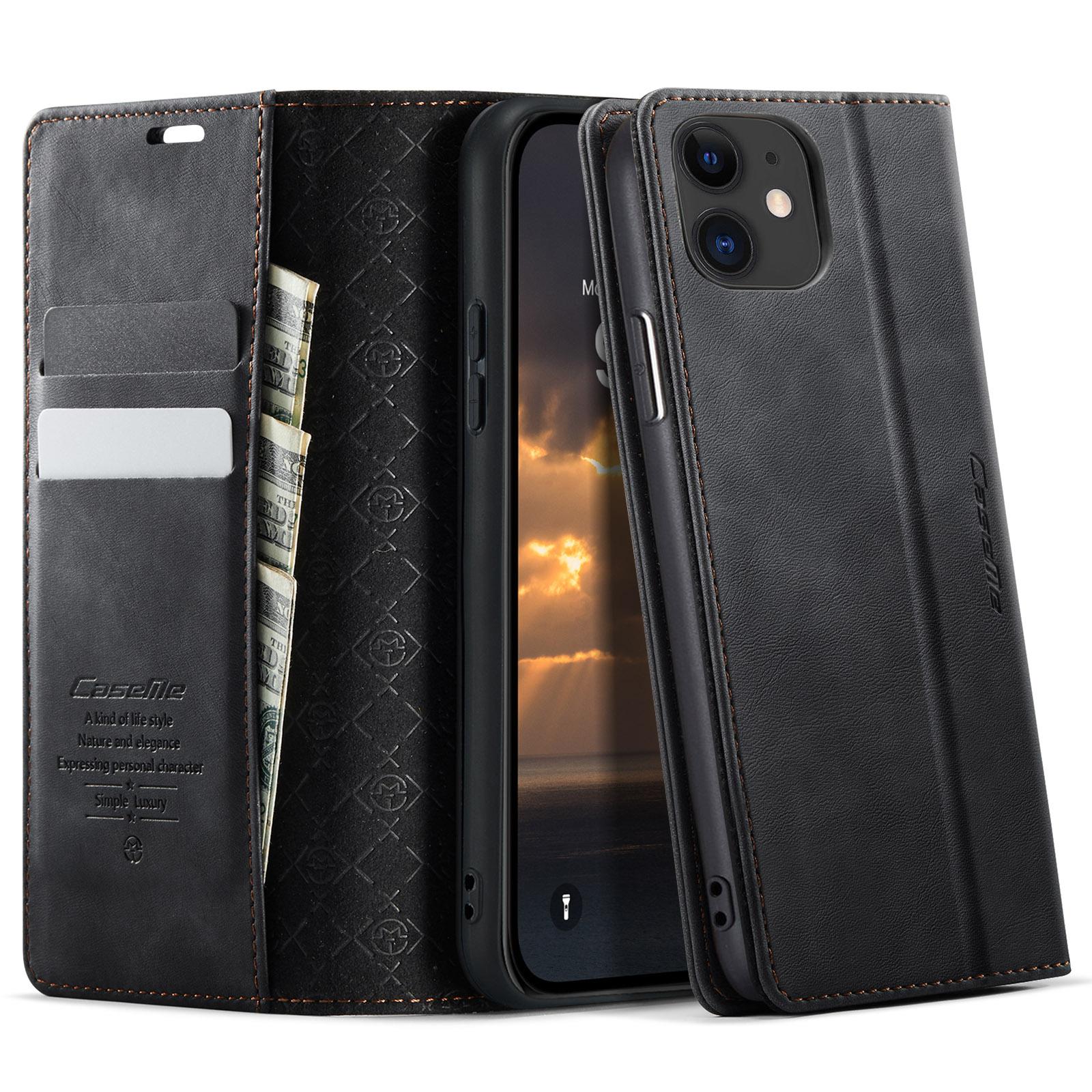 

For iPhone 11 Case CASEME 033 Series RFID Blocking Wallet Stand Calf Texture Leather Phone Cover Black