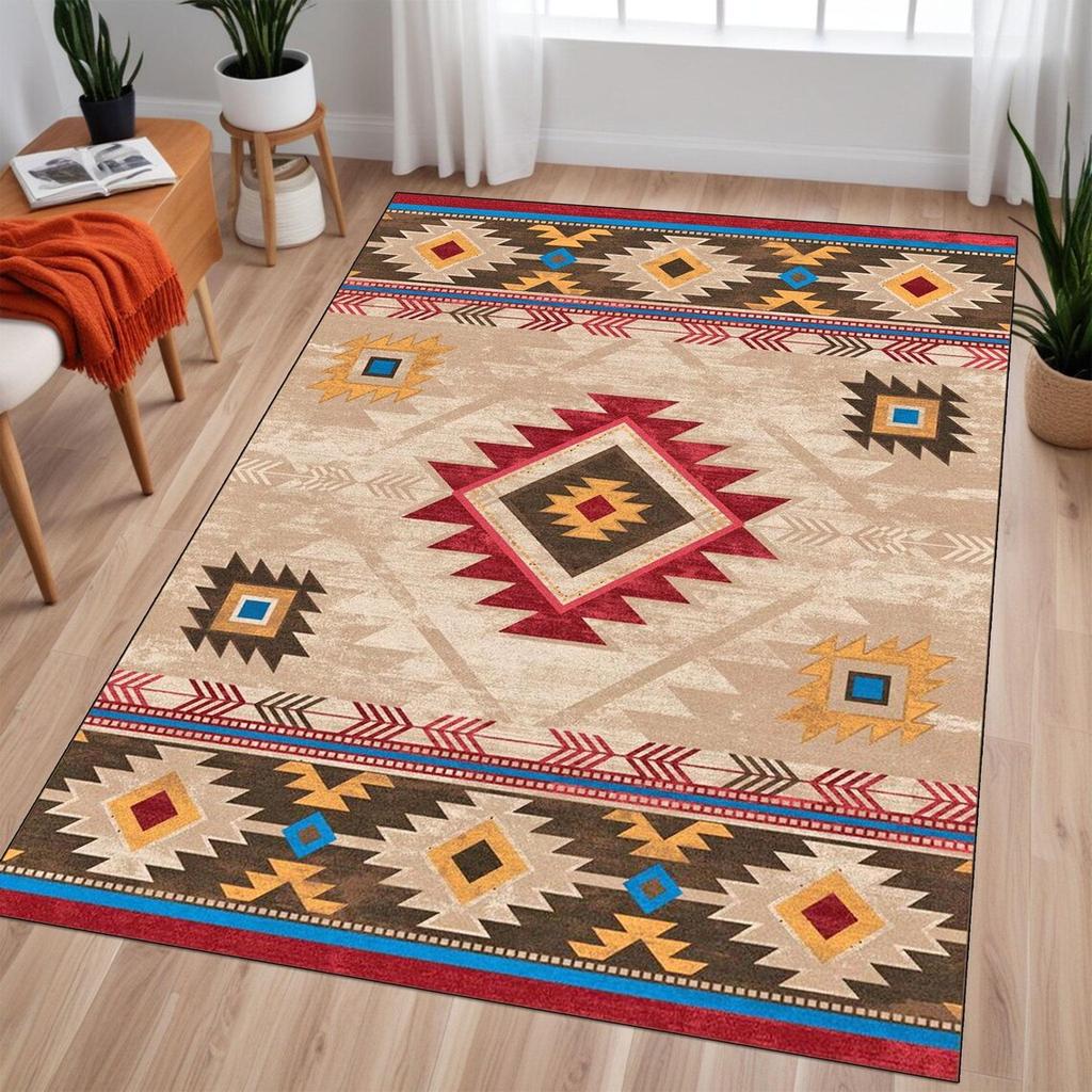 Southwestern Rug, Aztec Tribal Area Rug, Geometric Native American Design, Western Rug, Washable Boho Rug, Ethnic Area Carpet