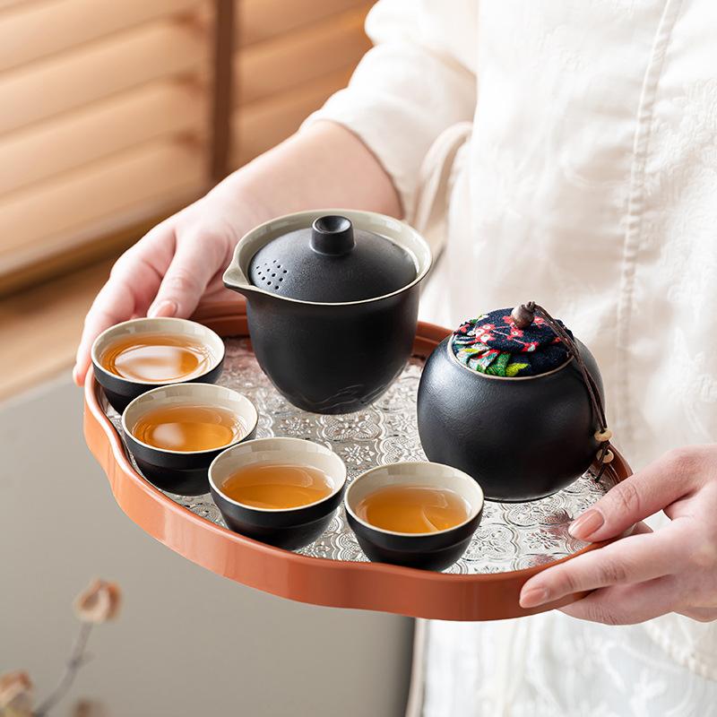 Coarse pottery portable travel tea set high-end one pot four cups business outdoor portable storage bag business office