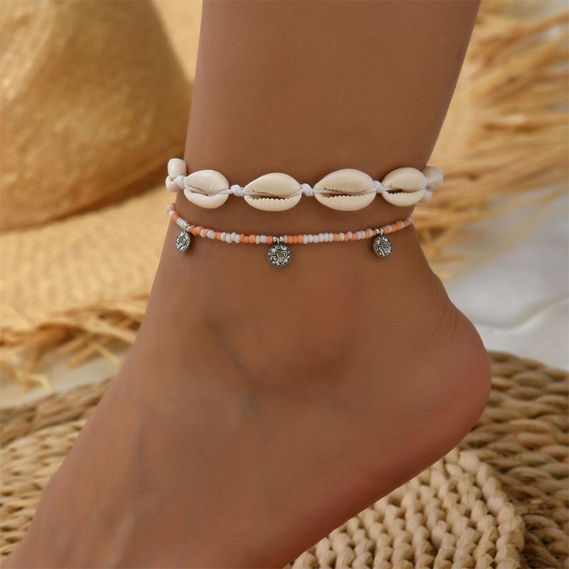 2Pcs Bohemia Natural Shell Anklets For Women Small Resin Beads Summer Beach Shell Barefoot Ankle Bracelet Leg Chain Foot Jewelry