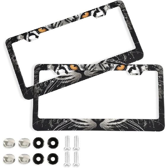 White Tiger License Plate Frame 2 Pack Aluminum Car License Plate Holder with Screws, 2-Hole Car Accessories Cover for Front Rear Plates Elliptical Hole x2