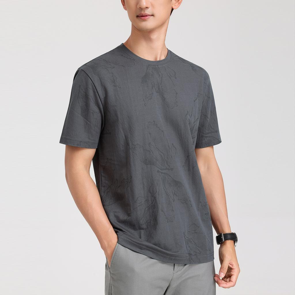 [Ice Silk Imitation Hemp] Langdeng Men's Summer Cool, Breathable, Fashionable Retro Round Neck Printed T-shirt