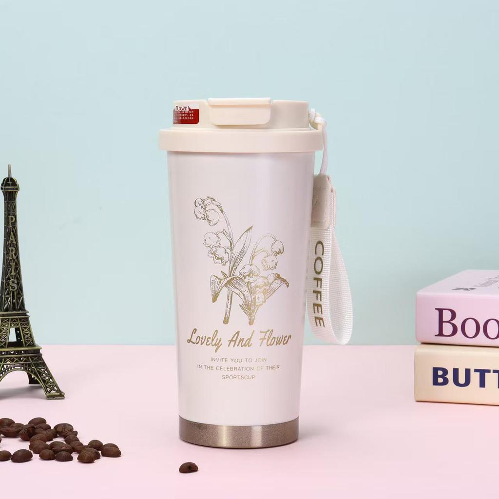 Sealable and Leak-Proof Lily of the Valley Stainless Steel Insulated Cup with Lid and Straw