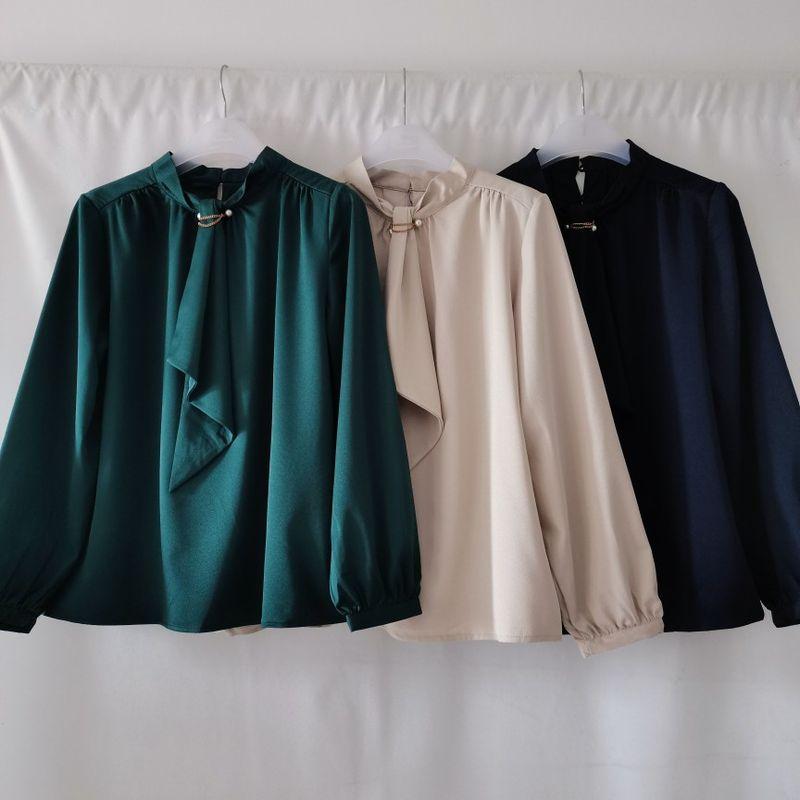 

Removed Half Turtleneck Streamer Long Sleeve Shirt Women s Mercerizing Satin Surface Bottoming Shirt Accessible Luxury Professional Commute Autumn Dirty milk camel ribbon M