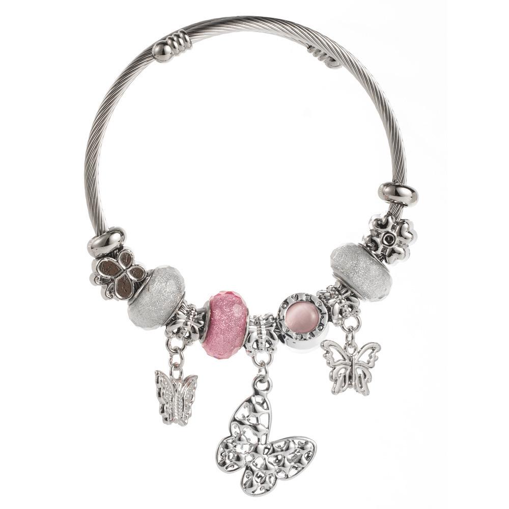 Panjia Dora Stainless Steel Bracelet: Women's Adjustable Bracelet with Diamond Beads & Love Pendant.