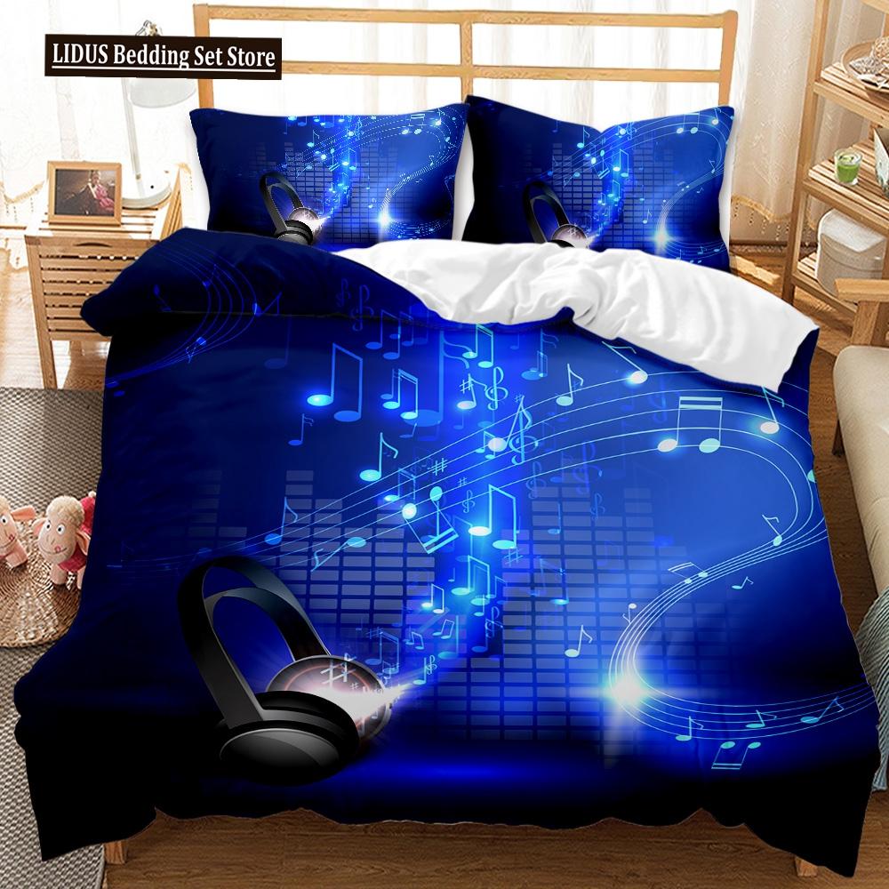 Headphones Duvet Cover Set Rock Music Melody Note Comforter Cover Pink Headset Polyester Bedding Set For Kid Boy Girl King Size