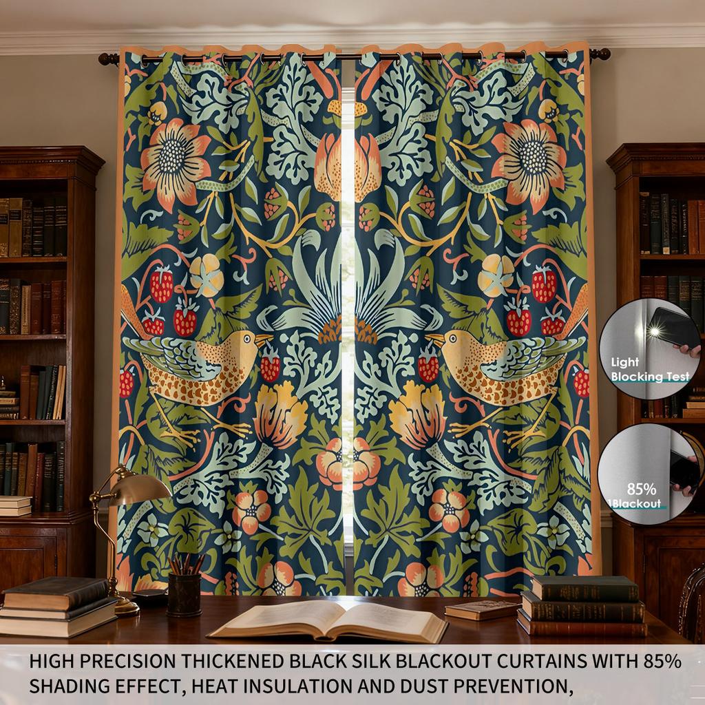 2pcs Retro Beautiful Pattern Printed Perforated Blackout Curtains Multiple Sizes Living Room And Bedroom Insulation Decoration