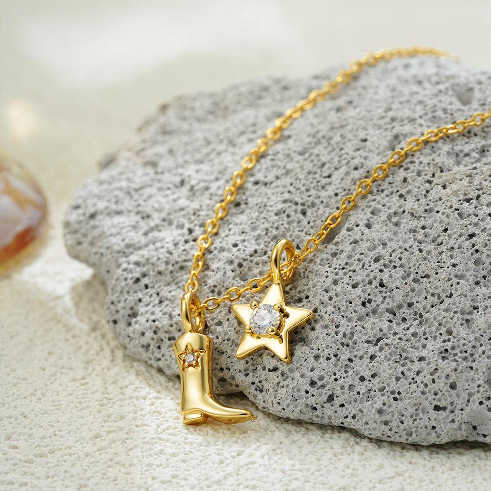 Tempusort 18K Gold Stainless Steel Zircon Necklace Western Cowboy Boots Engraved Vintage Pendant Accessories Jewelry