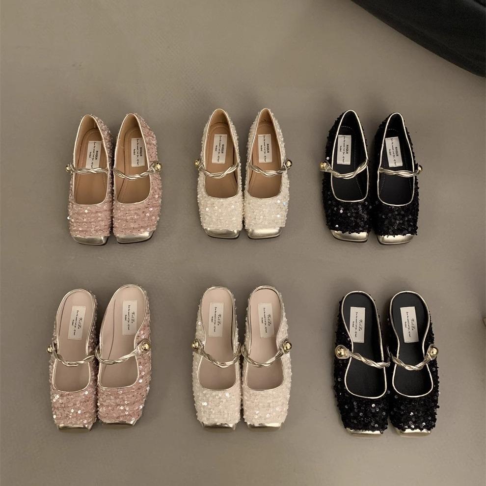 Sequined Silver Bag Head Half Slippers Spring and Summer Temperament Mary Jane Single Shoes Flat Mullers