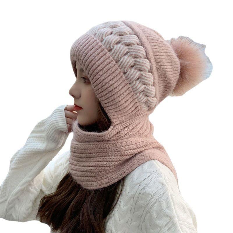 Korean Style Winter Warm Thickened Knitted Wool Hat Set Ear Protection Fleece Lined Cold Proof Neck Warmer Hat and Scarf Integrated