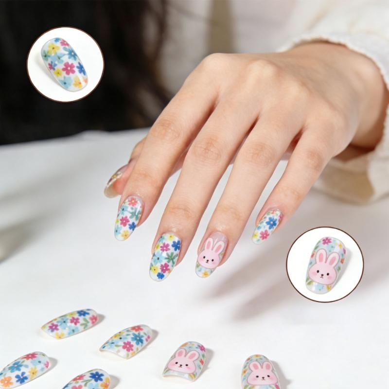 ABS Material Short Square Artificial Nail Featuring Rabbit Patterns And Floral Art For Festive Occasions