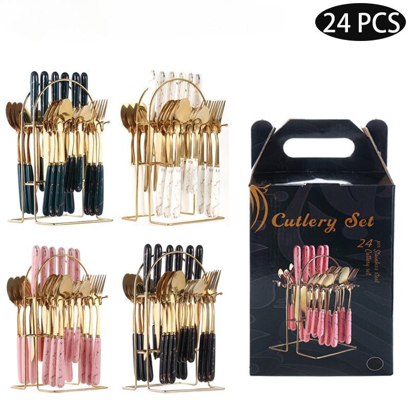 Stainless steel knife, fork, spoon, Nordic 24 piece cutlery set, marble pattern, dessert spoon, steak knife and fork gift box set