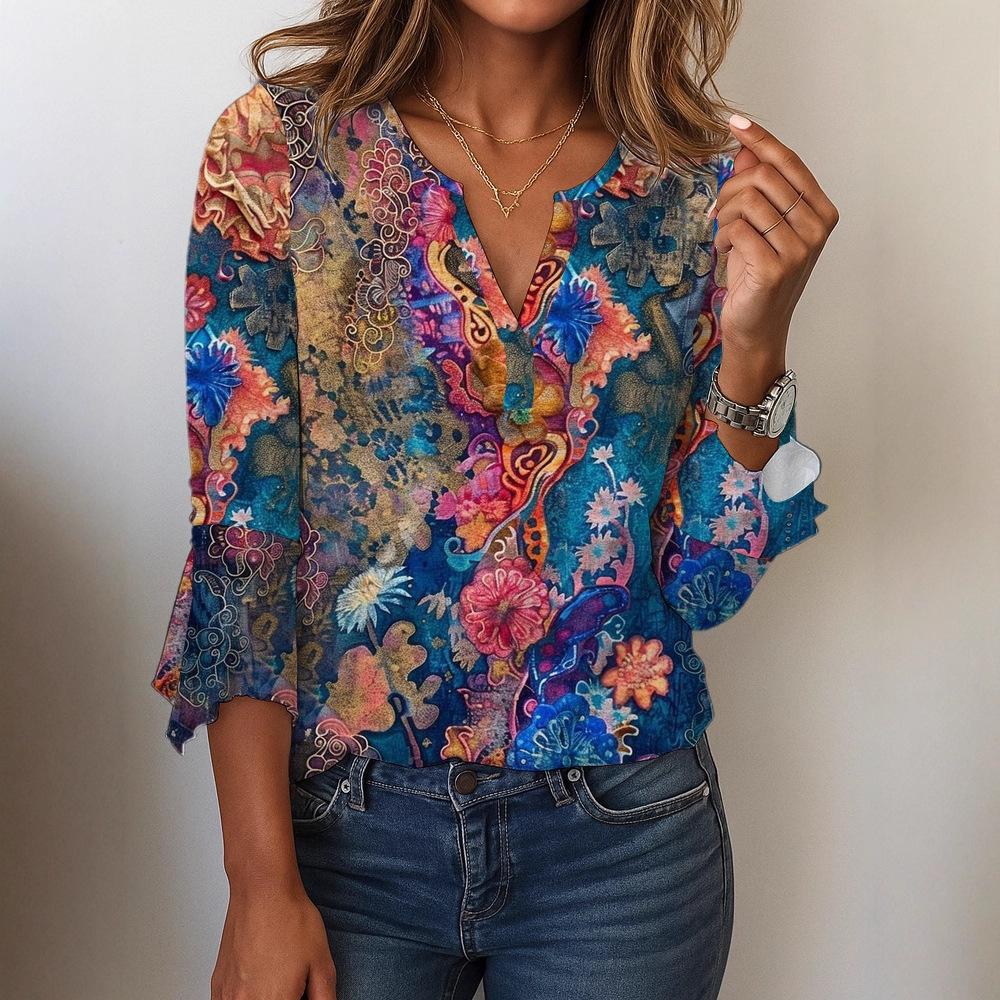 

2025 Новая осенне-зимняя женская повседневная футболка с V-образным вырезом, рукавом три четверти, свободного кроя, с принтом S