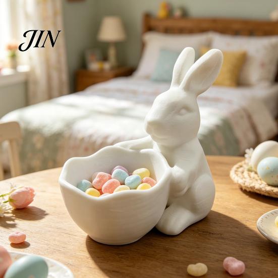 3D Printed Rabbit Bowl Easter Bunny Candy Bowl, Cute Holding Figurine, DIY Paintable White Desk Blank Decor for Living Room Office, Versatile Trinket