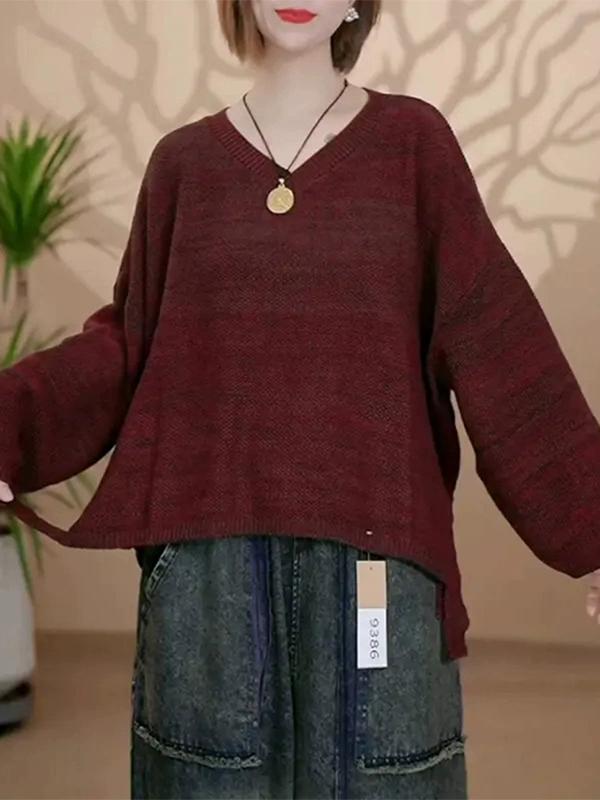 Dimanaf 2025 Sweater Autumn Bat Winter Women Solid V-Neck Sweaters Knitting Loose Red Sweater