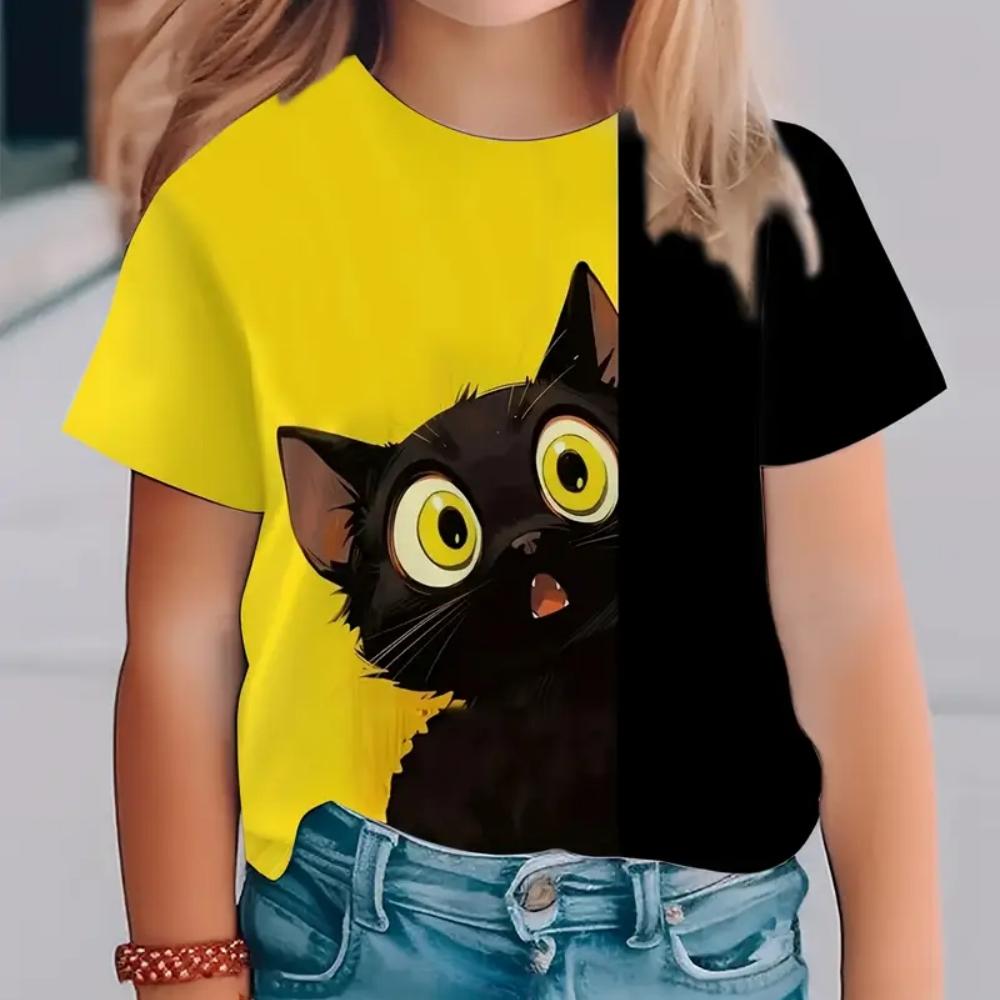 Cat casual comfortable pattern T-shirt printed with cute and interesting summer streetwear, photo girl T-shirt