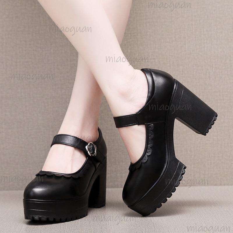 Black/White Platform Mary Jane Shoes Women's Ankle Strap Chunky Heel Pumps Anti-slip Fashion Lolita Style Dress Shoes Elegant