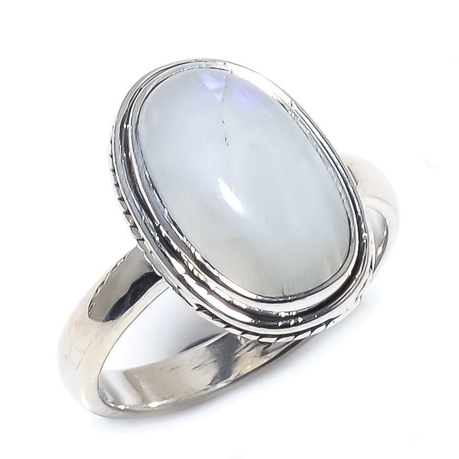 Anel de presente de prata esterlina sólida 925 com pedra preciosa natural da lua do arco-íris S.6 z4n19