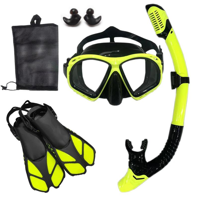 Adult Snorkeling Set: Tempered Glass Diving Mask, Full Dry Snorkel, Fins - Three-Piece Kit