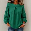 Women's Waffle Solid Color Top Shirt European and American Lantern Sleeves Round Neck Simple Long Sleeves