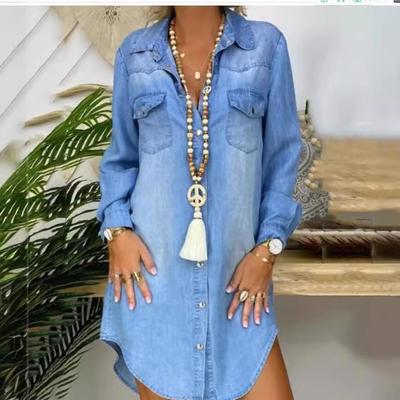 Women Denim Shirt Dress Stand Collar Long Sleeve Button Down Midi Dress Loose Solid Color Dress