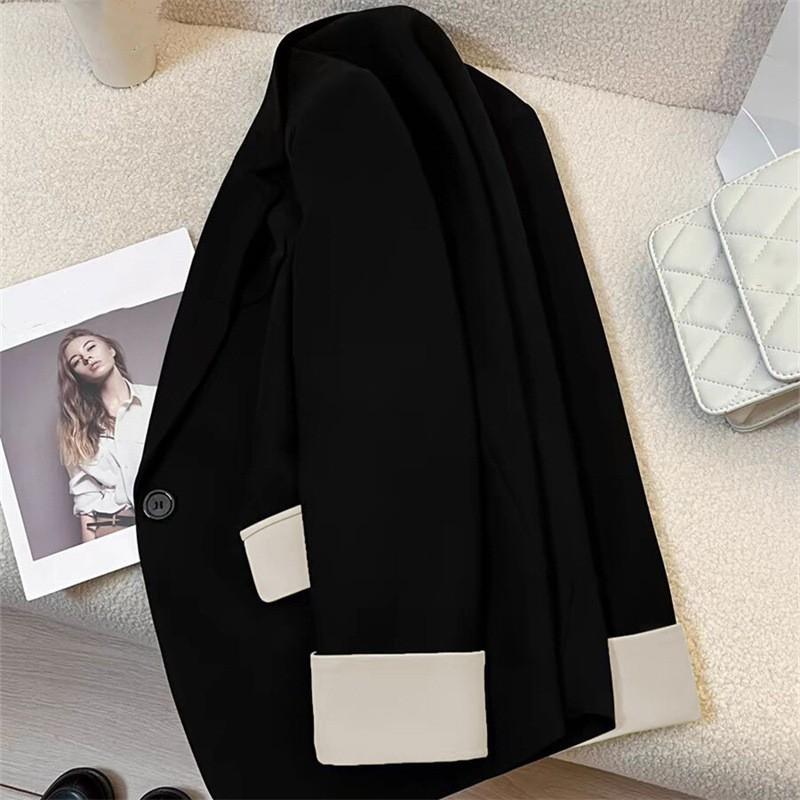 Dámský podzimní sako s dlouhým rukávem a kontrastním patchworkem, ležérní do kanceláře, dámská bunda