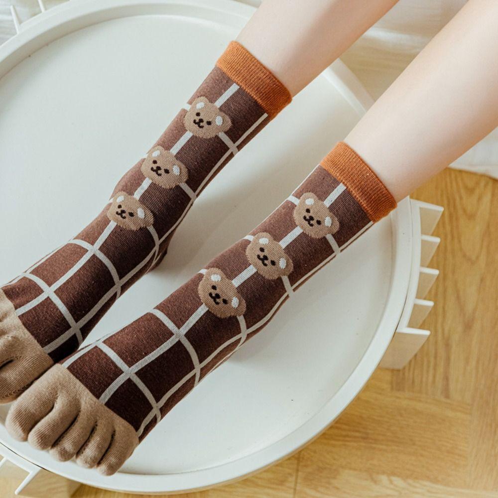 Stripe Grid Five Finger Tube Socks Breathable Toe Separator Socks Split Toe Short Socks Daily