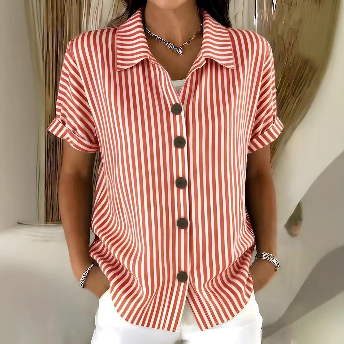 

Women s Red White Stripe Short Sleeve Button Down Shirt S