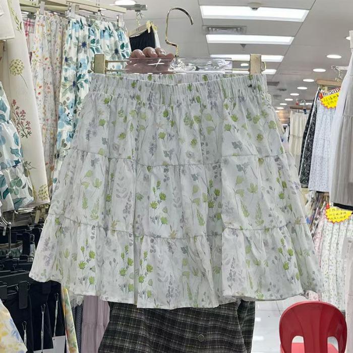 Women's Floral Print A-Line Mini Skirt - Summer High Waist, Slimming Korean Style, Sweet Pleated, Petite Layered Cake Design