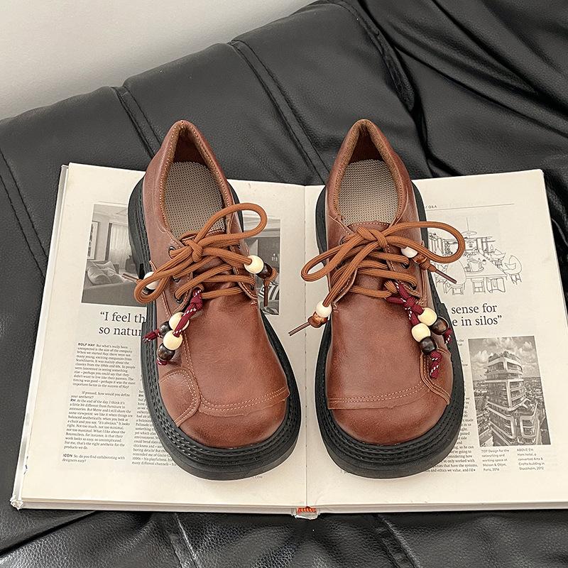 British style girls small leather shoes autumn and winter fashion platform wear Mary Jane shoes lace-up heightening non-slip loafers tide