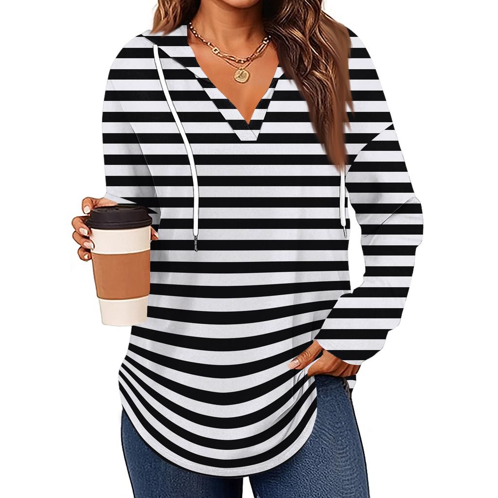 Damenmode Kapuzenpullover V-Ausschnitt Langarm Geblümter Kordelzug Lässig Locker Pullover Tops