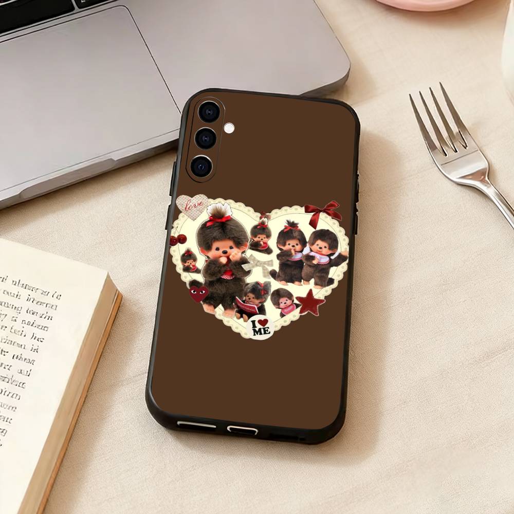 E-Cute Monchhichis Phone Case Black Silicone Soft For Samsung Galaxy A73,A72,A71,A70,A53,A52,A51 Samsung a30 a20