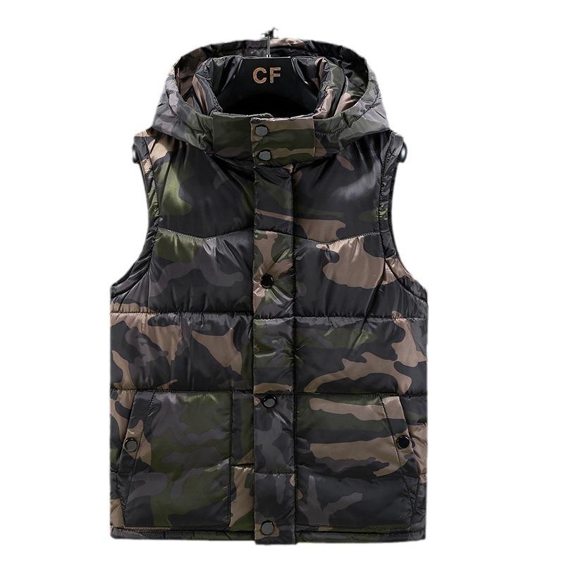 Kamouflageväst herrjacka snygg höst och vinter dun bomullsväst västjacka med huva varm bomull axelväst