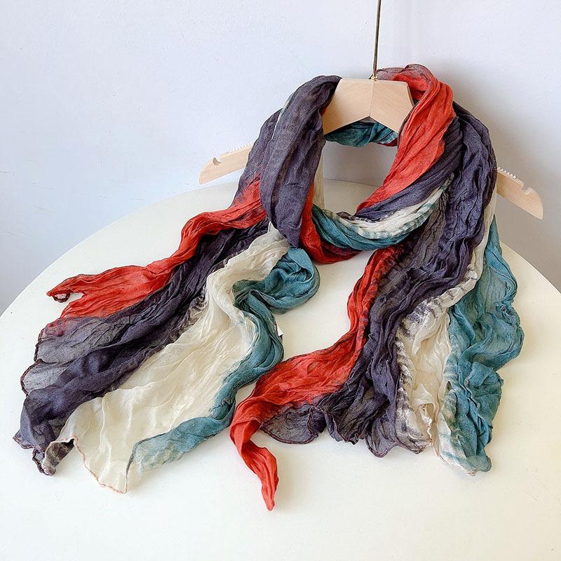 Retro Pleated Color Matching Scarf Soft Versatile Slender Silk Scarf Women'S Autumn And Winter Warm Neck Protection Scarf Shawl