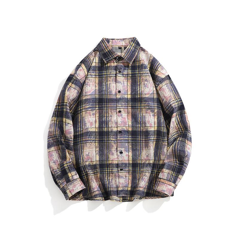 

Мужская клетчатая рубашка с длинным рукавом в стиле тай-дай на весну и осень, мужская повседневная куртка-рубашка свободного кроя 3XL фиолетовый